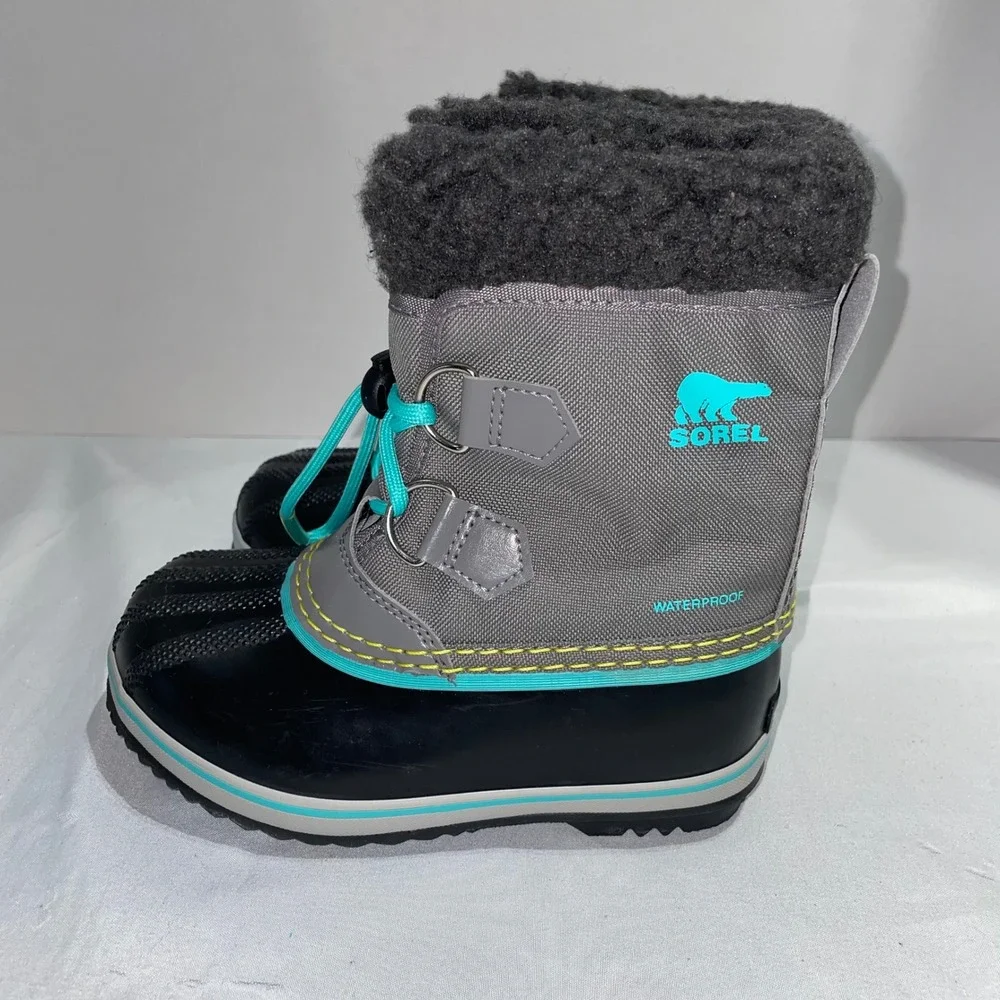 Sorel Yoot Pac Nylon Waterproof Winter‎ Boots Grey Black Teal NC1962-052 Kids 12